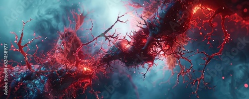 A detailed 3D render of clogged arteries with plaque buildup, Futuristic, Red and Blue Hues, Digital Art, Emphasizing arterial blockage photo