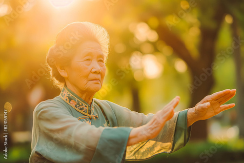 Elderly Asian woman practicing Tai Chi in a peaceful park during sunset.