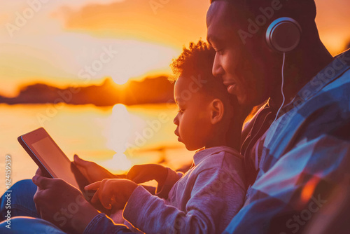 Father and son listening to audiobook together on tablet at sunset  bonding over literature.