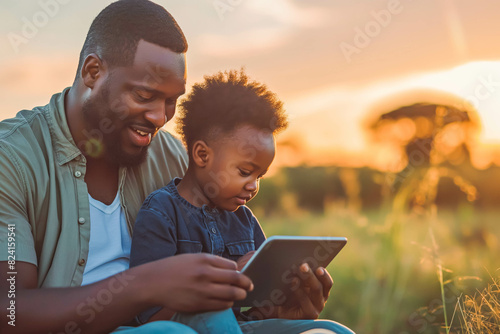 Father and son listening to audiobook together on tablet at sunset, bonding over literature. photo