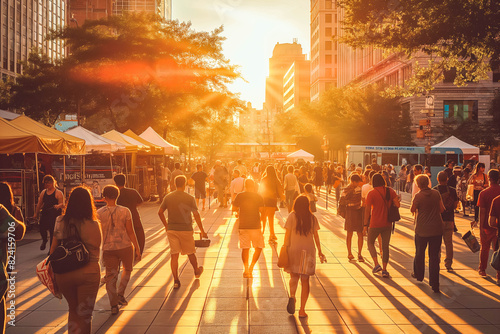 Golden hour in a bustling city square: A vibrant scene with people from all walks of life gathering, laughing, and enjoying street performers and local food vendors.