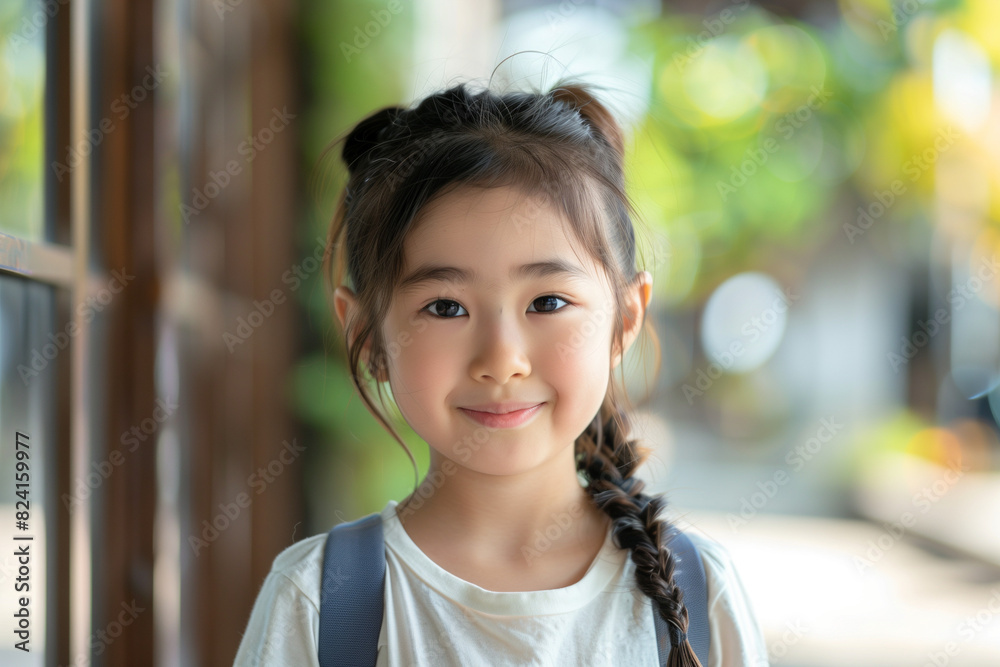 Happy Asian Girl with Backpack Outside Ready for Back to School or Hiking Adventure Happy Asian Girl with Backpack Outside Ready for Back to School or Hiking Adventure