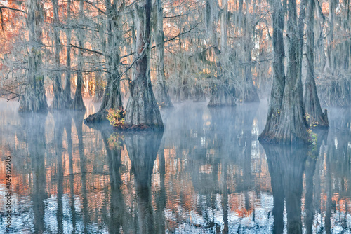 USA, Texas. Caddo Lake and cypress trees in autumn color in the fog