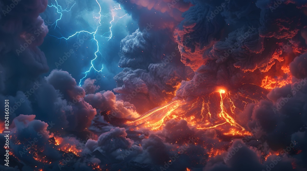 an erupting mountain spewing fiery ash into the sky