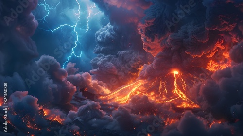 an erupting mountain spewing fiery ash into the sky