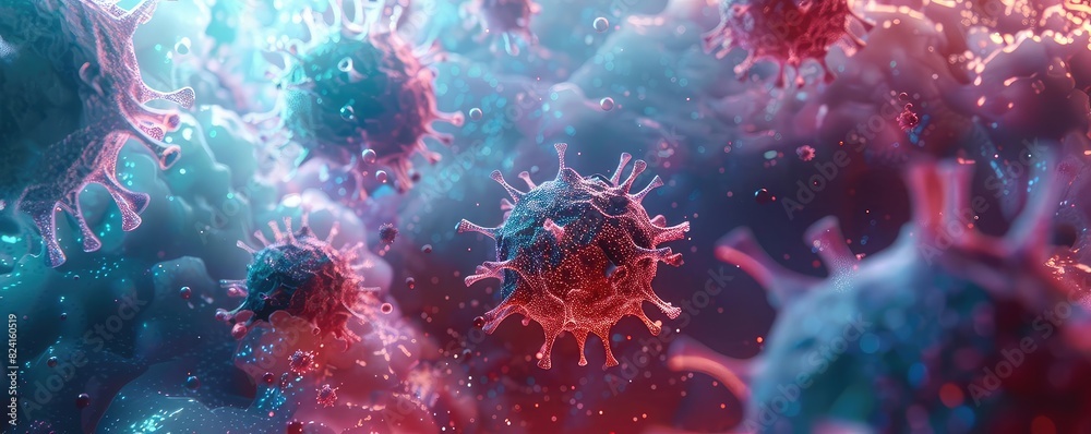 A detailed 3D render of influenza viruses attacking cells, Futuristic, Blue and Red Hues, Digital Art, Emphasizing viral invasion A detailed 3D render of influenza viruses attacking cells, Futuristic, Blue and Red Hues, Digital Art, Emphasizing viral invasion