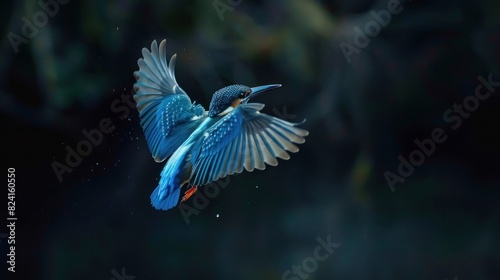 Common Kingfisher in flight with dark background. Beautiful blue bird fishing on the river. European waterfowl.