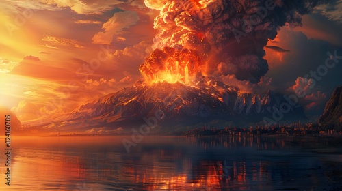 an erupting mountain spewing fiery ash into the sky © Berkah
