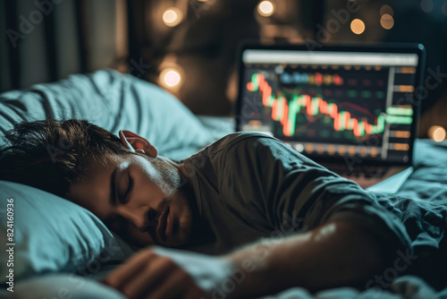 Overworked trader asleep next to laptop with stock market graph photo