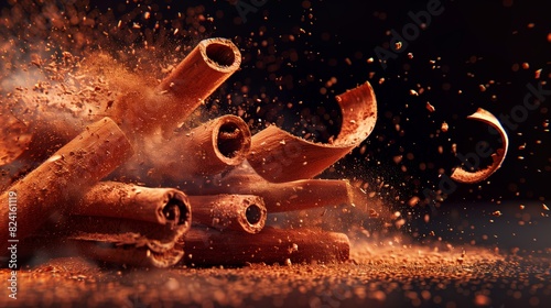 Photorealistic cinnamon slices and cinnamon dust splash photo