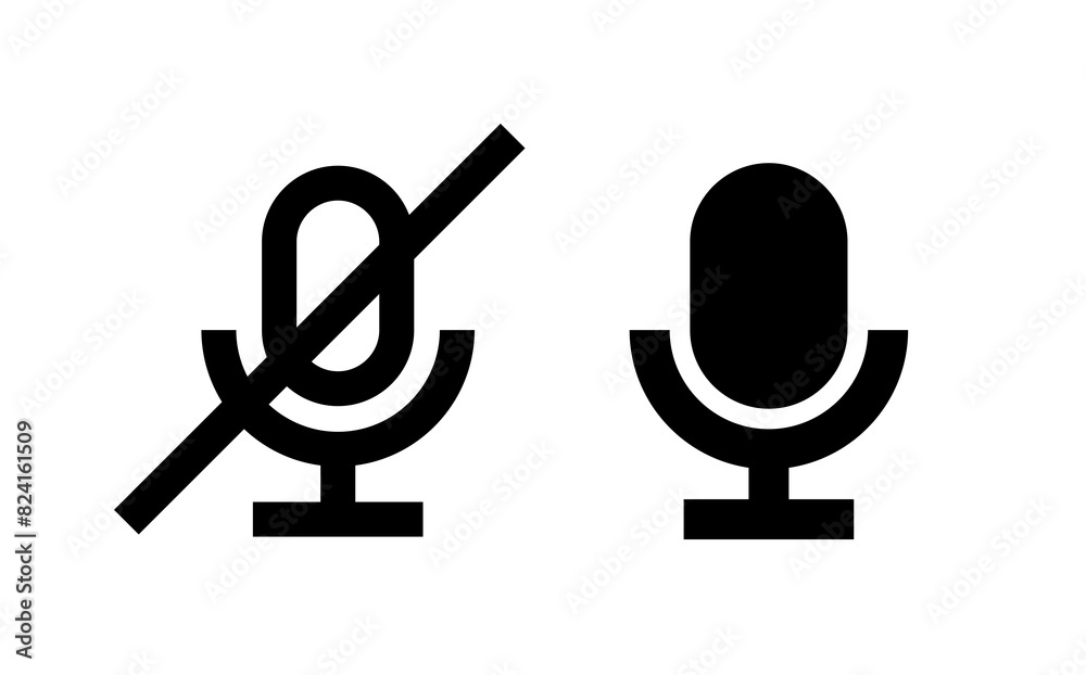 Crossed out microphone (mike) icon. Symbol of voice or sound. Pictogram for turning the sound on and off. An attribute of a singer, speaker, or announcer. Crossed out microphone (mike) icon. Symbol of voice or sound. Pictogram for turning the sound on and off. An attribute of a singer, speaker, or announcer.