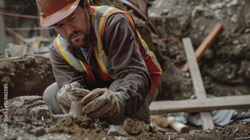 A construction worker carefully dusts off an ancient weapon found buried beneath the construction site bringing a piece of history back to life. photo