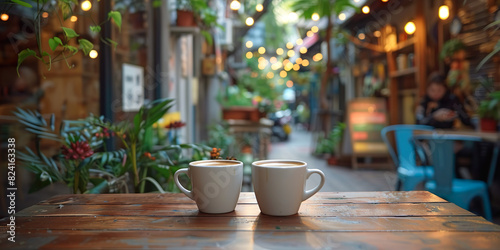 Exterior of a coffee shop, pair of coffee cups on table 