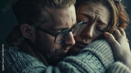 Close-up of a couple embracing, conveying emotions of comfort and sorrow in a moment of empathy