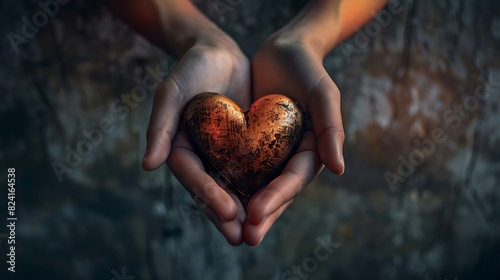 Close-up of hands gently holding a weathered, heart-shaped object, symbolizing compassion and care.