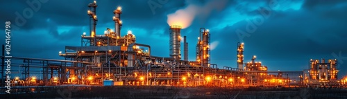 A gas refinery plant illuminated against a dramatic evening sky, showcasing industrial activity and infrastructure.