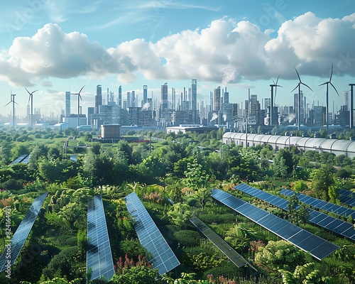 A vibrant cityscape with solar panels and wind turbines in the foreground, highlighting the integration of renewable energy in urban planning.