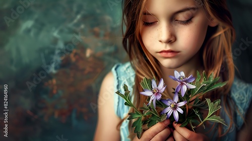 Close-up of a young girl with closed eyes, holding purple flowers, expressing serenity and innocence.
