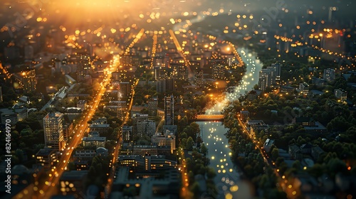 Aerial view of a bustling cityscape at sunset with illuminated streets and a river running through  creating a stunning urban scene.