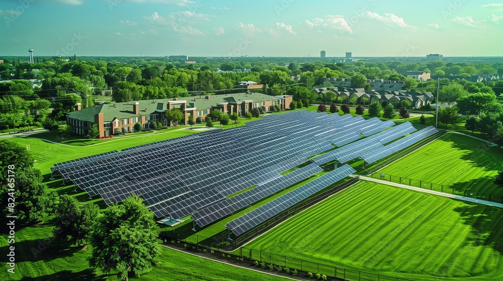 Aerial view of solar panels installed on a green field near residential buildings, promoting renewable energy.
