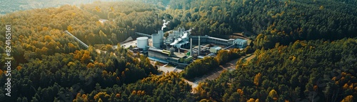 Aerial view of an industrial facility surrounded by dense forest, showcasing the balance between industry and nature at sunset.