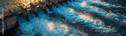 Aerial view of water flowing through a hydroelectric dam at sunset, capturing the dynamic interplay of light and energy. © ratchanon