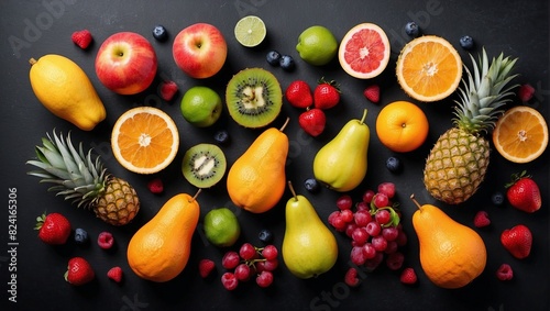 Top view fruits on empty black background, space for text, empty space for advertising