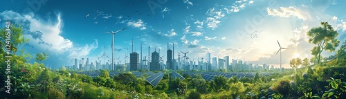 Futuristic eco-city with green energy solutions, wind turbines, and solar panels, integrating nature and technology under a vibrant blue sky.
