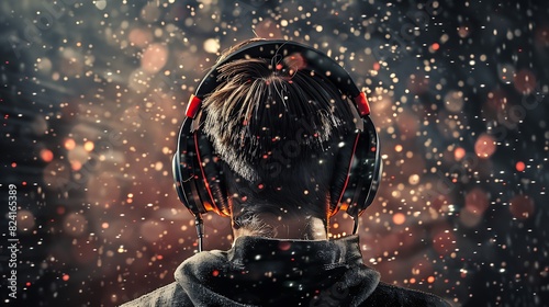 Rear view of a person wearing headphones, surrounded by bokeh lights, creating a festive and immersive atmosphere.