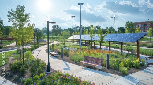 Modern urban park with solar panels, green landscaping, benches, and walking paths under a bright sunny sky.