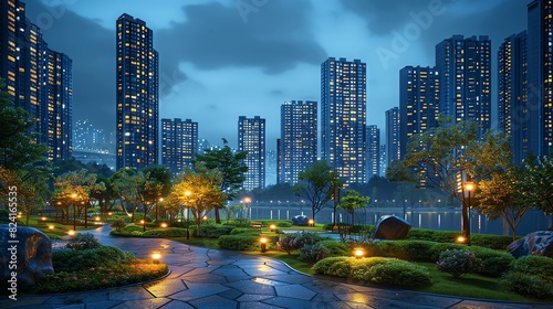 Night cityscape with illuminated high-rise buildings, landscaped park, and glowing pathway lights under a cloudy sky.