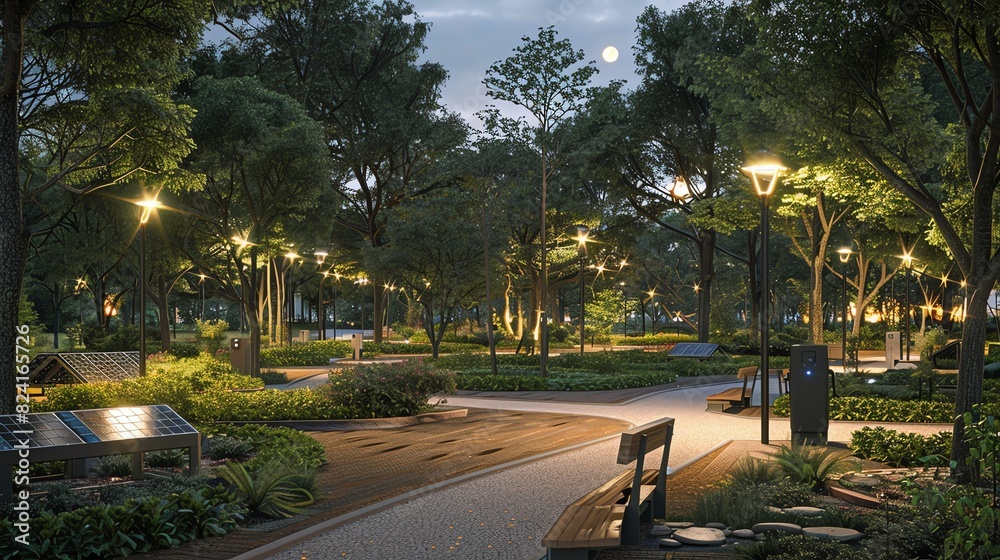 Serene evening park with illuminated pathways, trees, benches, lush greenery, and soft lighting creating a peaceful atmosphere.