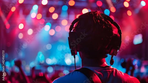 Rear view of a person wearing headphones, immersed in a vibrant music festival atmosphere with colorful lights.