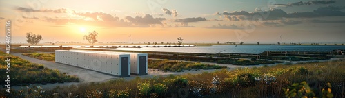 Sunlit solar farm with storage units, capturing renewable energy in a serene landscape, under a beautiful sky during sunset.
