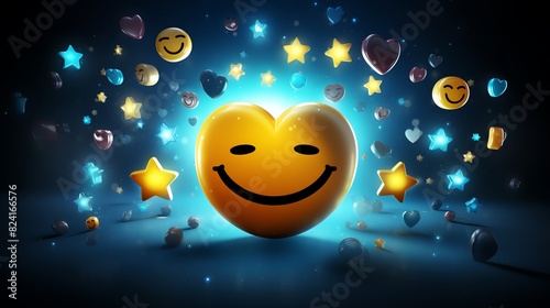 Smiley face surrounded by positive symbols, thumbsup gestures, stars, and happy emoticons Feedback rating and customer satisfaction, positive experiences and reviews