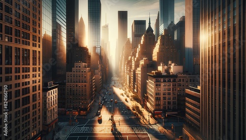 This image shows street shot of New York City in the morning light, filled with skyscrapers.