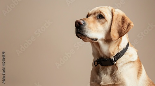 Close-up portrait of a yellow Labrador Retriever looking attentively against a neutral background.