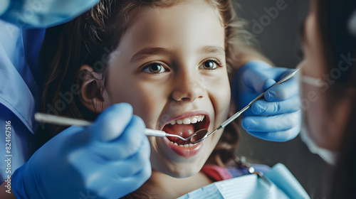A child is having his teeth treated at the dentist. A girl in the dentist's office getting her baby teeth examined. Happy child smiling.