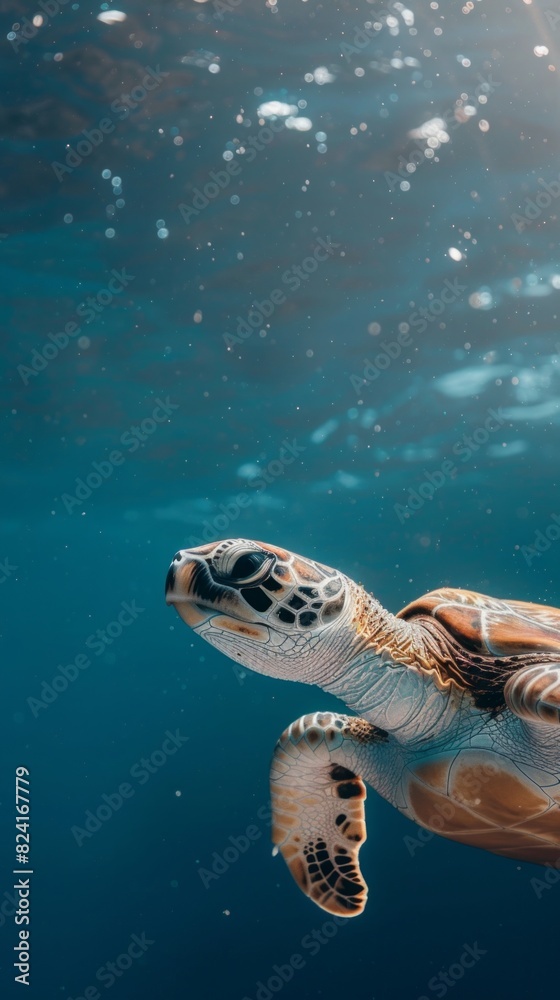 Fototapeta premium Turtle swimming in the ocean with copy space. World turtle day