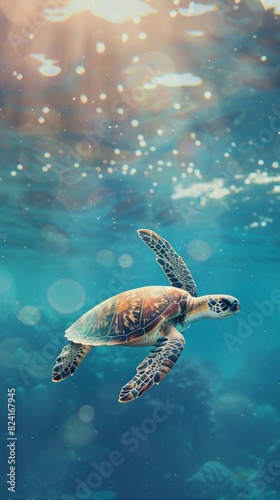 Turtle swimming in the ocean with copy space. World turtle day