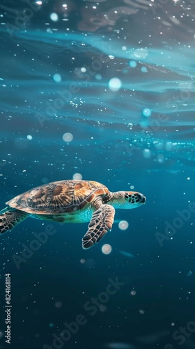 Turtle swimming in the ocean with copy space. World turtle day