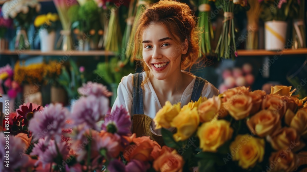 Fototapeta premium young woman arranging a beautiful bouquet of flowers in a flower shop generative ai