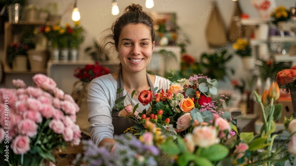 young woman arranging a beautiful bouquet of flowers in a flower shop generative ai