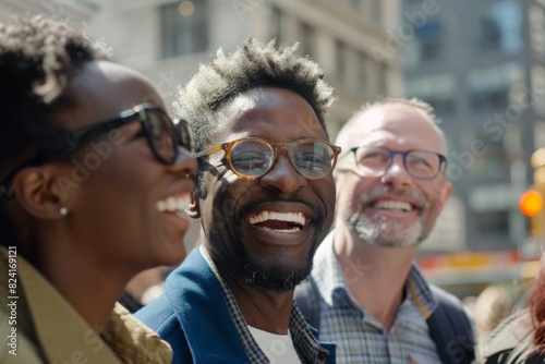 Group of diverse people having fun together in the city. Cheerful african american man and caucasian woman with glasses. © Loli