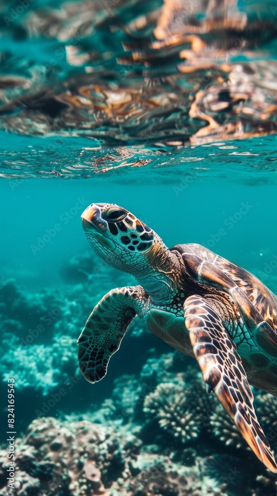 Fototapeta premium Turtle swimming in the ocean with copy space. World turtle day