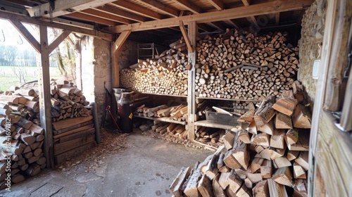 firewood collected in the warehouse preparing it for use as fuel generative ai