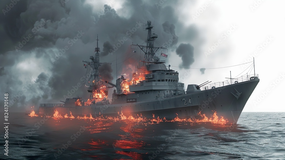 Burning warship at sea made with Ai generative technology Burning warship at sea made with Ai generative technology