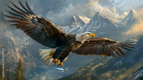 American bald eagle hunting at lake