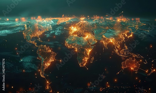 A world map with glowing hotspots of pandemic  Glowing Wireframe  SciFi Style  Dark Background  Illustration  Highlighting critical areas