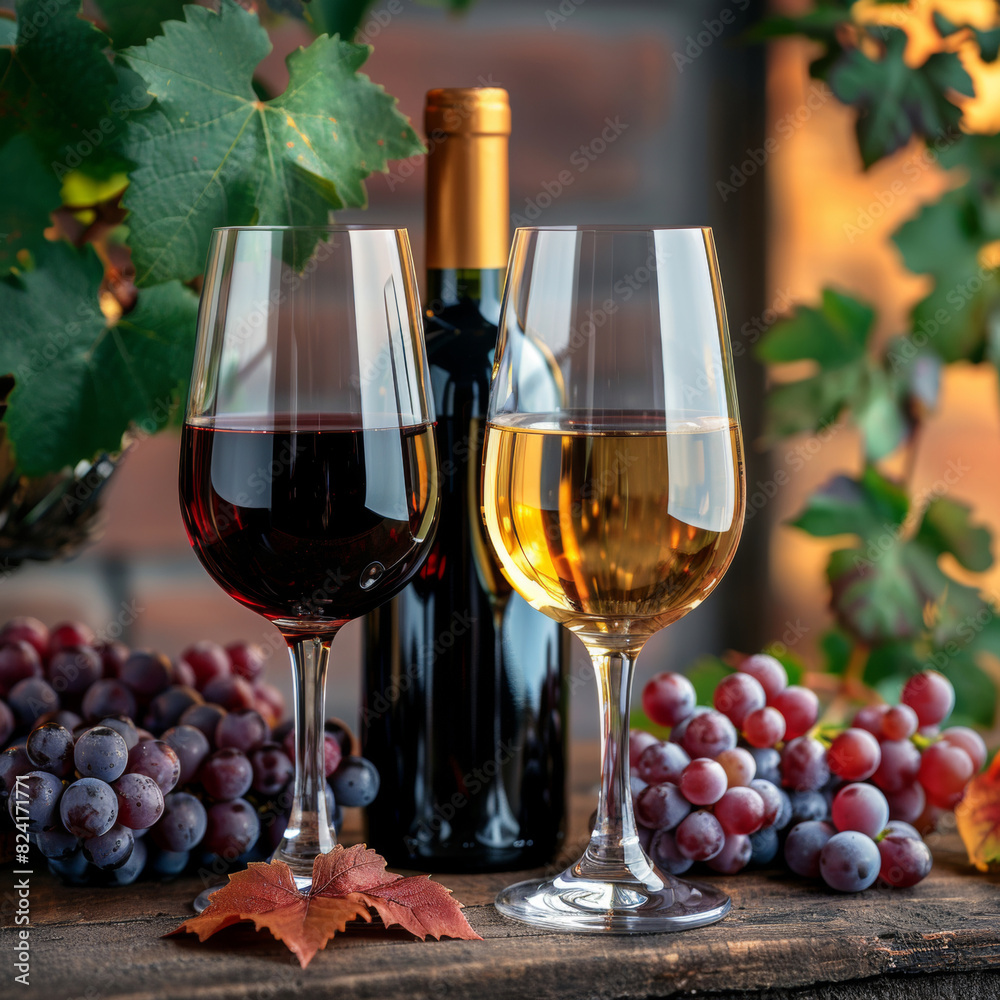 Glasses of wine with bunches of grapes and wine bottles in the background, creating a warm and inviting atmosphere. Perfect for themes related to wine, vineyards and gourmet